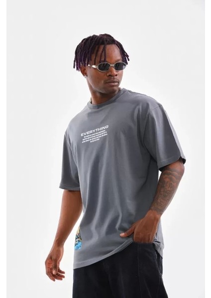 Unisex Bisiklet Yaka Baskılı Oversize T-Shirt - Gri