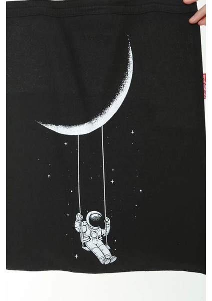 Baghashtag Siyah Bez Çanta Ayda Sallanan Astronot