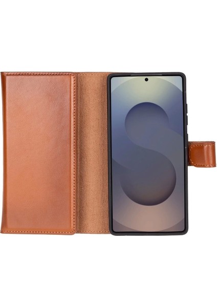 Samsung Galaxy S25 Ultra Uyumlu, Hakiki Deri, El Yapımı, Cüzdanlı Kılıf, Gölgeli Taba