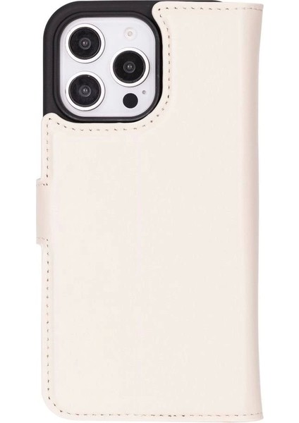 Apple iPhone 16 Pro Uyumlu, Hakiki Deri, El Yapımı, Cüzdanlı Kılıf, Krem Renk