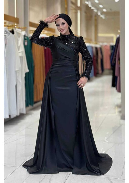 Pul Payet Saten Abiye 7064 Siyah