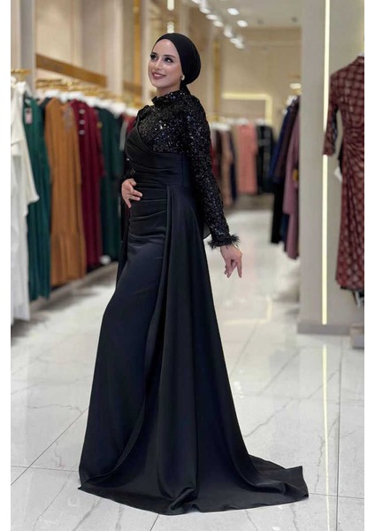 Pul Payet Saten Abiye 7064 Siyah modelleri