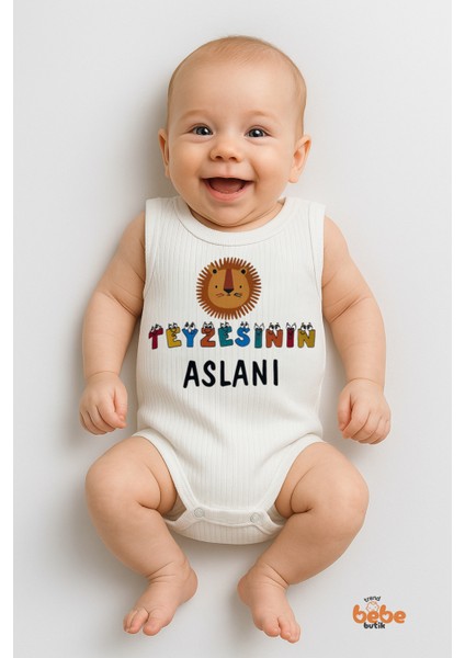 Teyzesinin Aslanı Yazılı Tasarımlı Çıtçıtlı Ribana Bebek Zıbın Body | Pamuk | 6-12-18-24-36 Ay