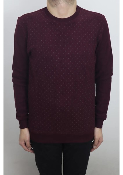 Fistan Store Erkek Bordo Desenli Spor Kesim Normal Kalıp Bisiklet Yaka Selanik Kumaşlı Kışlık Kazak