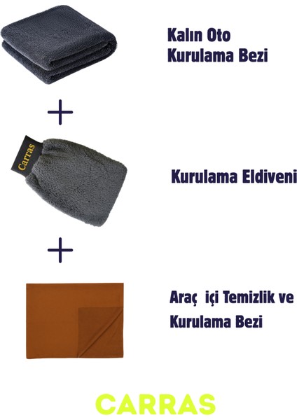 Auto Premium Kurulama Seti ( Kalın Kurulama Bezi 50X70CM+ Süet Güderi Bez+ Kurulama Eldiveni)