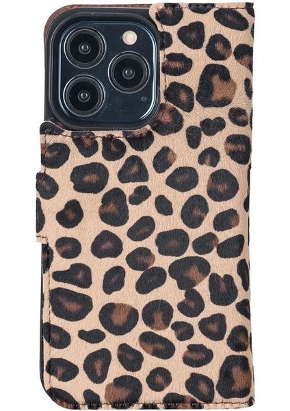 Apple iPhone 13 Pro Uyumlu Deri Cüzdanlı Kılıf Leopar Desen