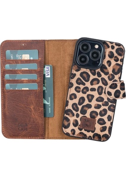 Apple iPhone 13 Pro Uyumlu Deri Cüzdanlı Kılıf Leopar Desen