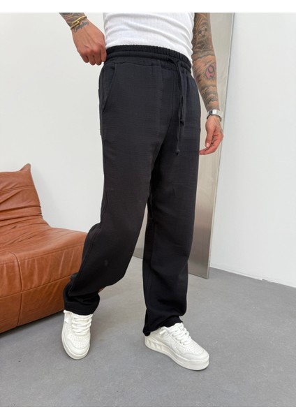 Erkek Müslin Kumaş Baggy Pantolon - Siyah fiyatları