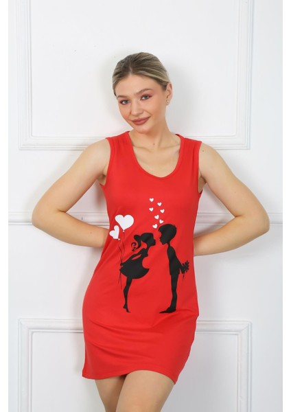 Kadın Kalın Askılı Penye Diz Üstü Kırmızı Gecelik 11310