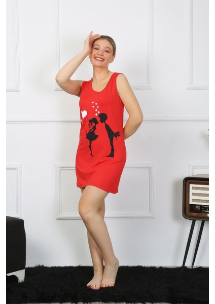 Kadın Kalın Askılı Penye Diz Üstü Kırmızı Gecelik 11310 indirimleri