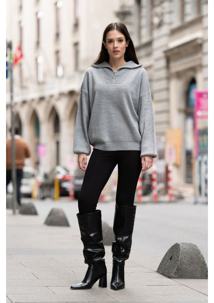 Fermuarlı Balıkçı Yaka Oversize Triko Kazak