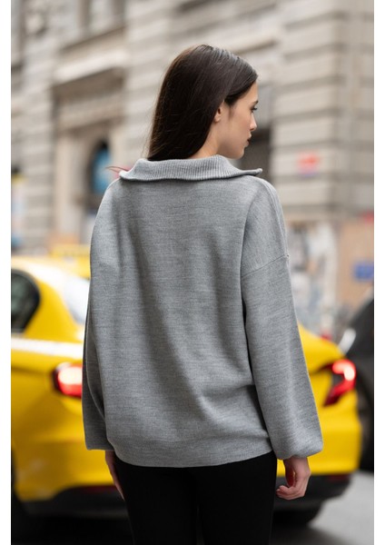 Fermuarlı Balıkçı Yaka Oversize Triko Kazak