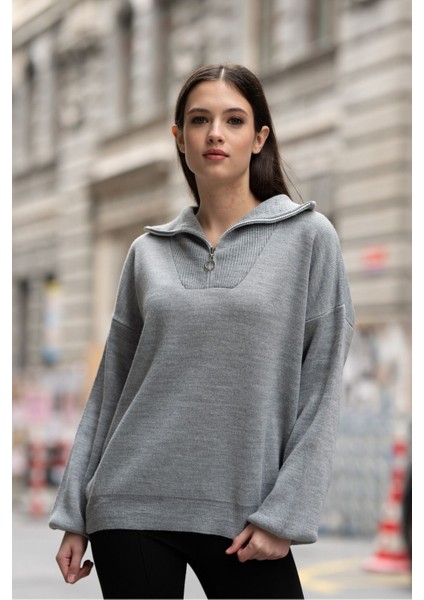 Fermuarlı Balıkçı Yaka Oversize Triko Kazak