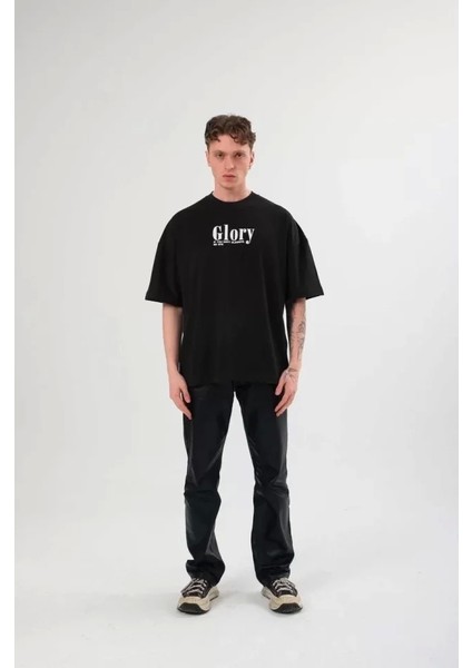 Unisex Bisiklet Yaka Baskılı Oversize T-Shirt - Siyah