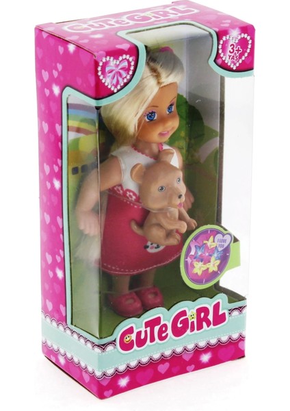 Cute Girl Kahverengi Köpekli ve Sarışın Mini Bebek