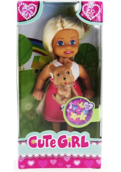 Cute Girl Kahverengi Köpekli ve Sarışın Mini Bebek