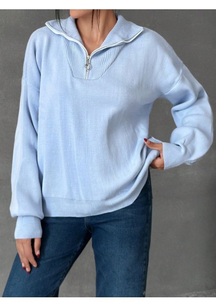 Fermuarlı Balıkçı Yaka Oversize Triko Kazak