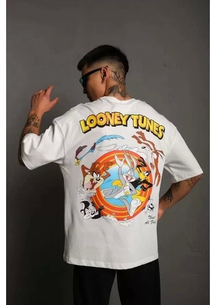 Unisex Bisiklet Yaka Baskılı Oversize T-Shirt - Beyaz