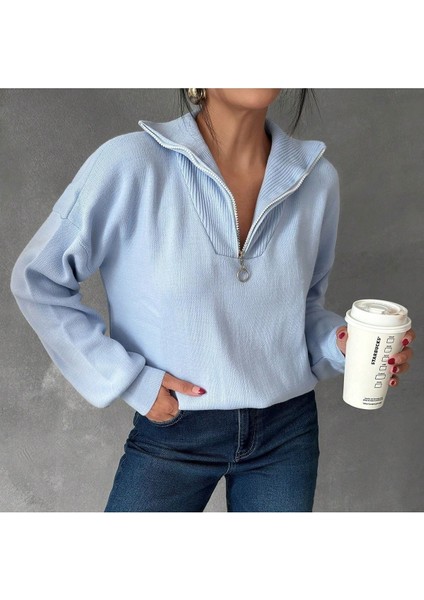 Fermuarlı Balıkçı Yaka Oversize Triko Kazak