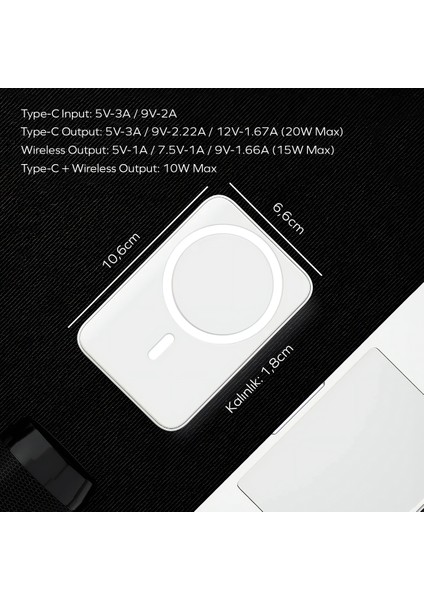 By Deji Magsafe Powerbank 10000mah Standlı Hızlı Taşınabilir Batarya iPhone 12 13 14 15 16 Android - BEYAZ