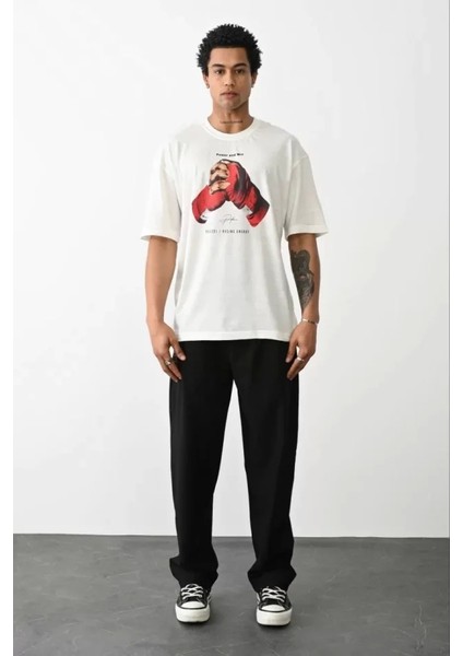 Unisex Baskılı Oversize T-Shirt - Beyaz