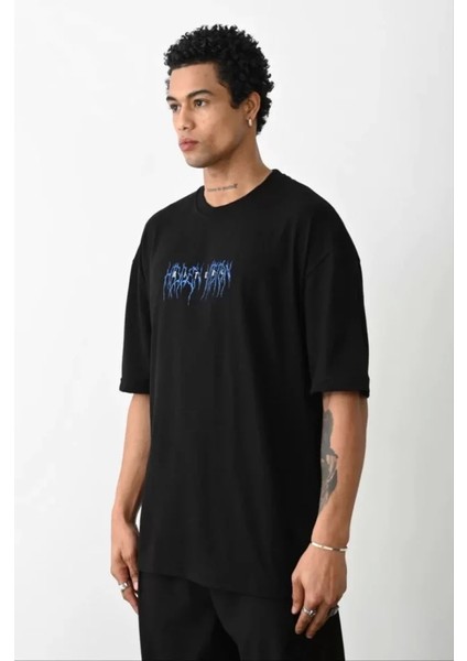 Unisex Baskılı Oversize T-Shirt - Siyah