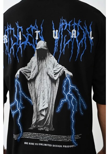 Unisex Baskılı Oversize T-Shirt - Siyah
