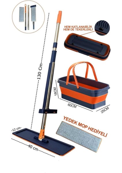 Katlanabilir ve Tekerlekli Mop SETI. 130 cm Uzun Saplı, Yedek Mop Başlıklı, Kendinden Sıkmalı Mop Se