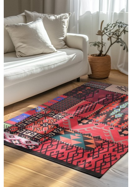 Patchwork Tribe Dijital Baskılı Şönil Halı | Kaymaz Taban, Yıkanabilir, Etnik Desen
