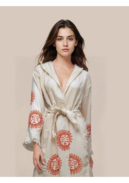 Güneş Desenli Pamuklu Müslin Kimono Bornoz Kaftan Sabahlık