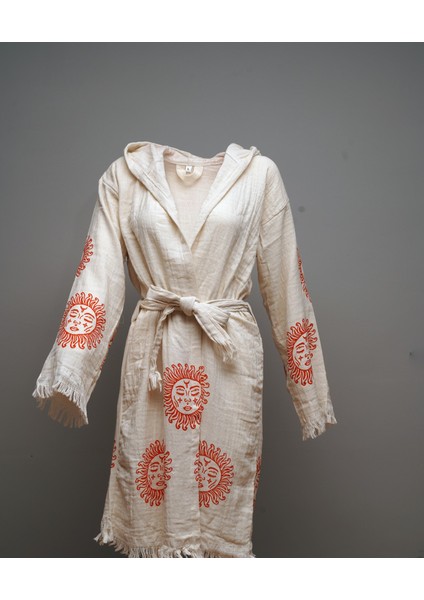 Güneş Desenli Pamuklu Müslin Kimono Bornoz Kaftan Sabahlık