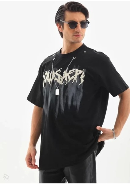 Unisex Oversize Kolye Dahil T-Shirt - Siyah