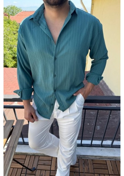 Tam Kalıp Bürümcük Kumaş Gömlek Zümrüt Yeşil