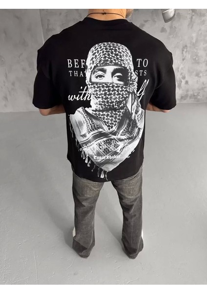 Unisex Baskılı Oversize T-Shirt - Siyah