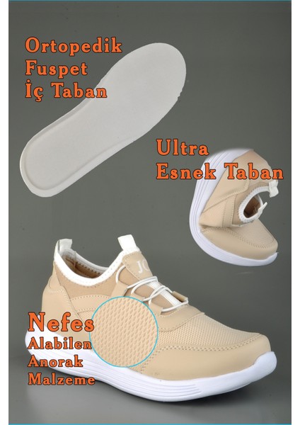 Unisex Kaliteli Taban Ortopedik Bağcık Görünümlü Streç Krem Spor Ayakkabı Jazz