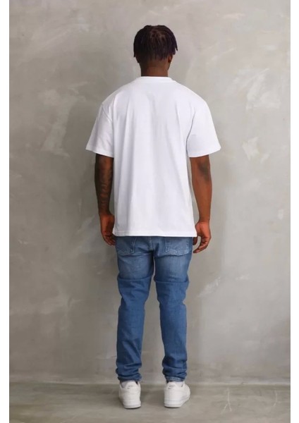Unisex Kuşgözü Detaylı Baskılı Oversize T-Shirt - Beyaz