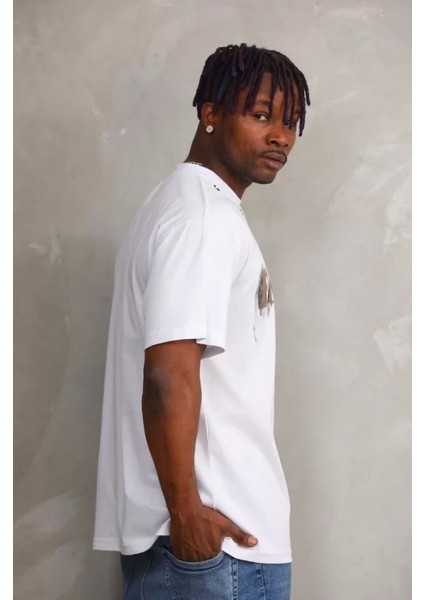 Unisex Kuşgözü Detaylı Baskılı Oversize T-Shirt - Beyaz