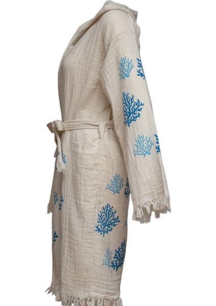 Mavi Mercan Desenli Pamuklu Müslin Kimono Bornoz Kaftan Sabahlık