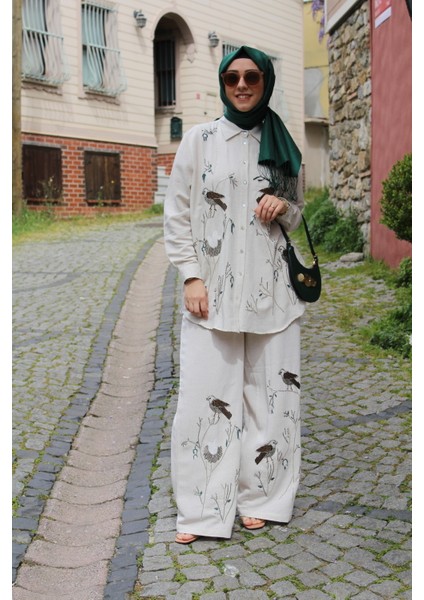 Keten Görünümlü Natural Alt Üst Boncuk Detaylı Takım