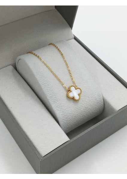 Çelik Çift Taraflı Tek Yoncalı Sedef Kolye Van Cleef Model TRKOLYE50340