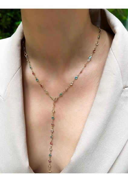 Renkli Damla Taş Detaylı Y Model Özel Seri Kolye 2 Farklı Model Seçeneği