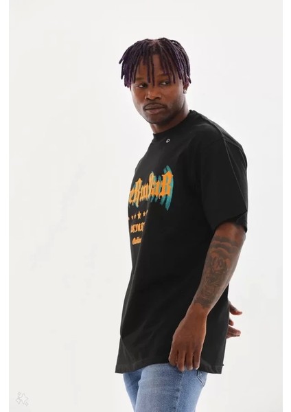 Unisex Kuşgözü Detaylı Baskılı Oversize T-Shirt - Siyah