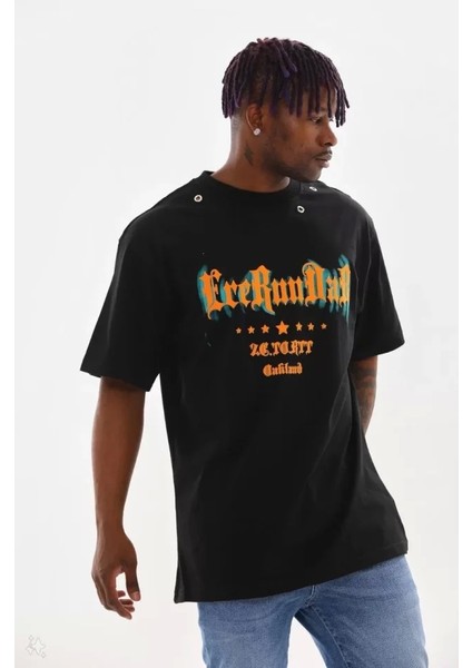 Unisex Kuşgözü Detaylı Baskılı Oversize T-Shirt - Siyah