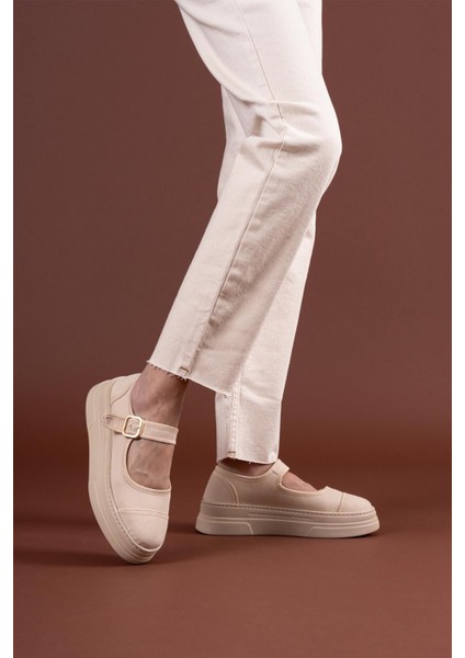 Keten Toka Detaylı Lastikli Hafif Taban Kadın Babet Ayakkabı