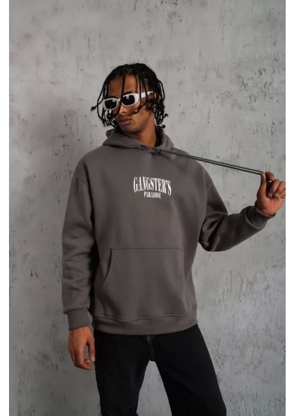 Erkek Paradise Baskılı Kapüşonlu Sweat - Gri