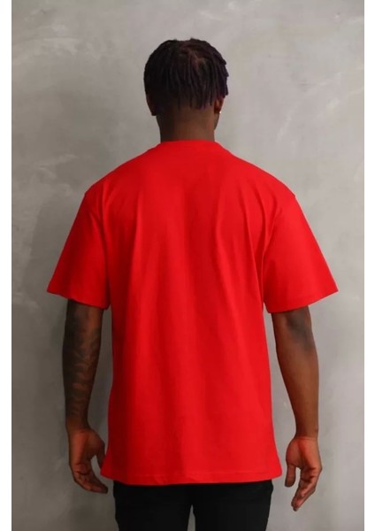 Unisex Baskılı Oversize T-Shirt - Kırmızı