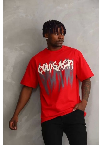 Unisex Baskılı Oversize T-Shirt - Kırmızı