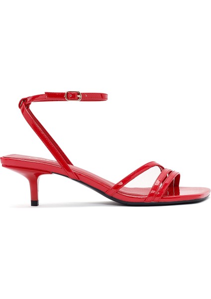 Kadın Kırmızı Bilekten Bantlı Topuklu Rugan Sandalet 25SFE485916