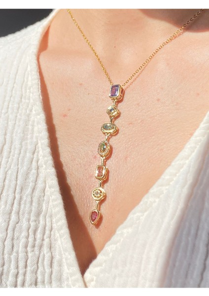 7 Elementli Renkli Taşlı Özel Y Tasarım Kadın Çelik Vip Kolye