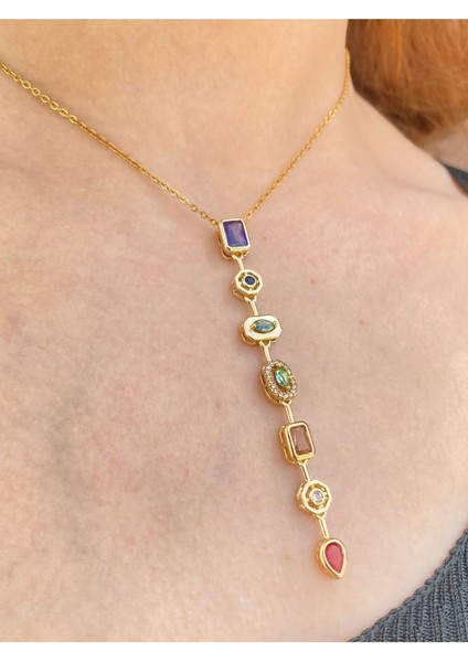 7 Elementli Renkli Taşlı Özel Y Tasarım Kadın Çelik Vip Kolye modelleri